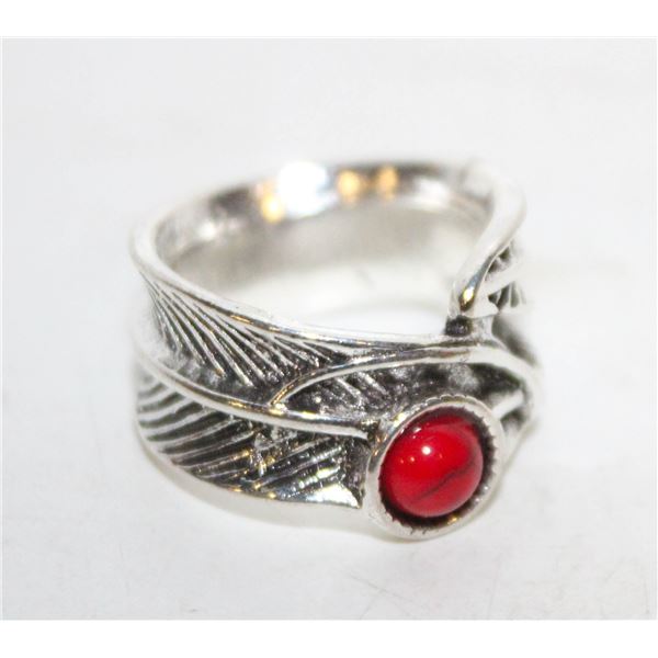 14)  SILVER TONE SPOON RING WITH RED