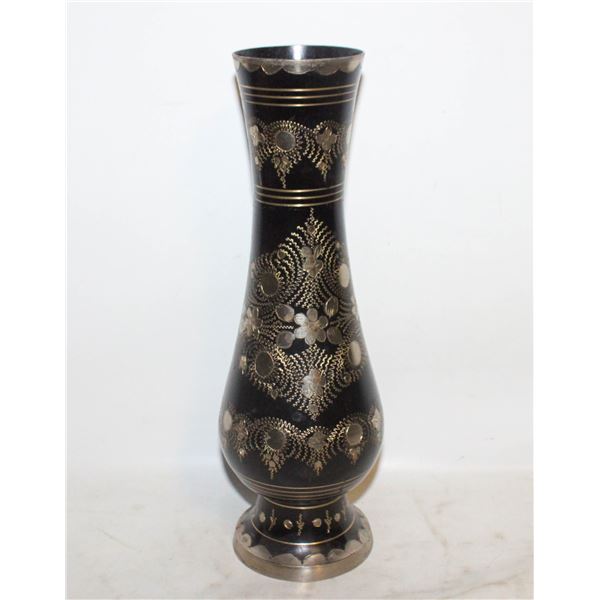VINTAGE ETCHED BLACK METAL VASE WITH PORCELAIN