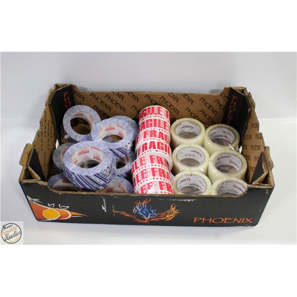 BOX OF ASSORTED TAPE + FRAGILE WHITE RED PACKING-
