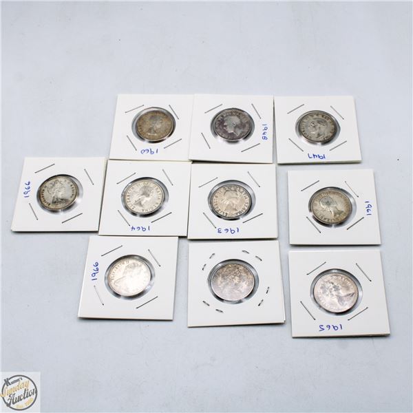 10 EA CANADIAN 25 CENT PIECES PRE- 1968
