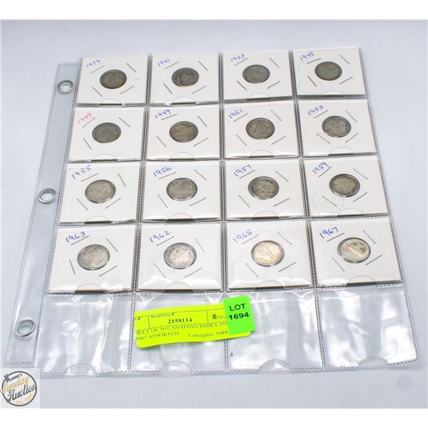 SHEET OF 16 CANADIAN DIMES 1939 - 1967 ASSORTED