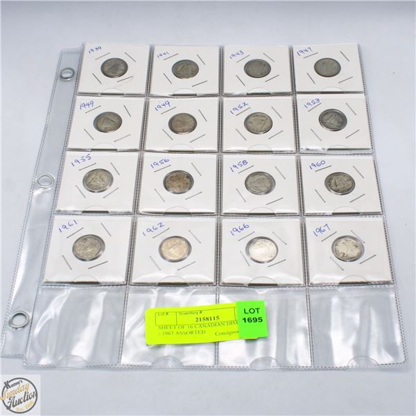 SHEET OF 16 CANADIAN DIMES 1939 - 1967 ASSORTED