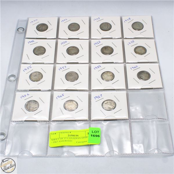 SHEET OF 15 CANADIAN DIMES 1940 - 1967 ASSORTED