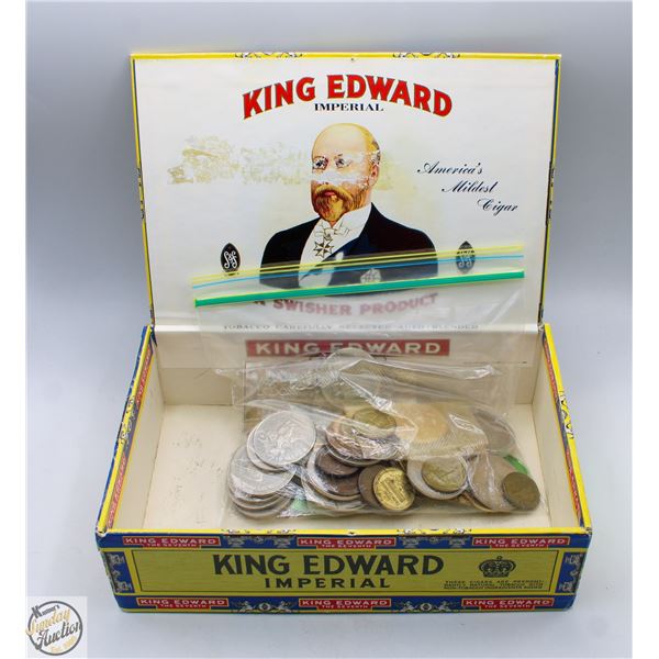 BAG OF ASSORTED TOKENS IN A CIGAR BOX