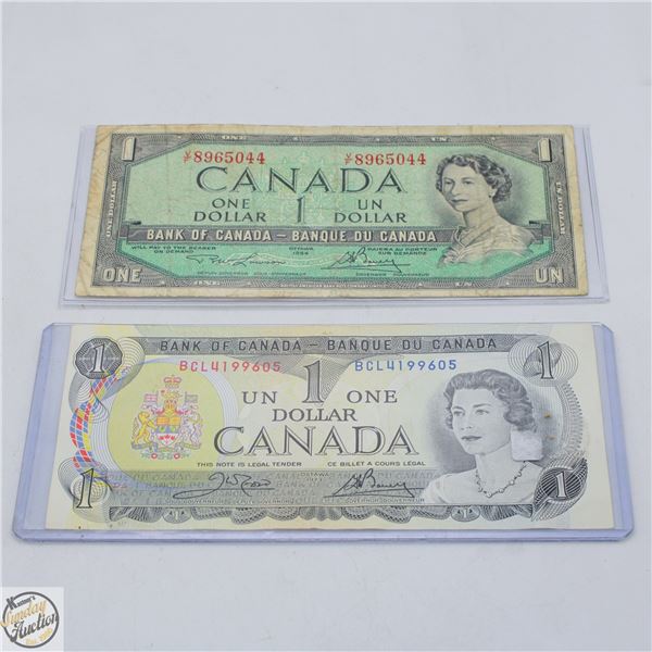 2 CANADIAN $1 BILLS 1954 + 1973