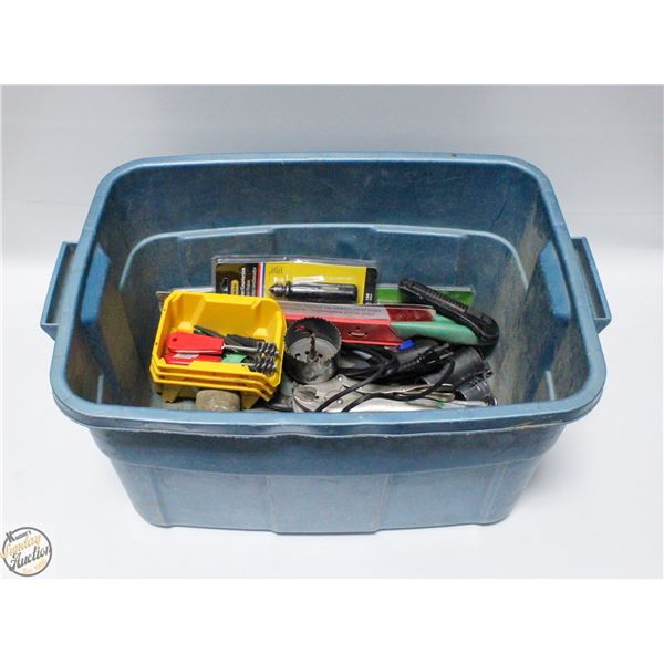 BOX W/ TOOLS: HAMMERS, PIPE WRENCH ETC.