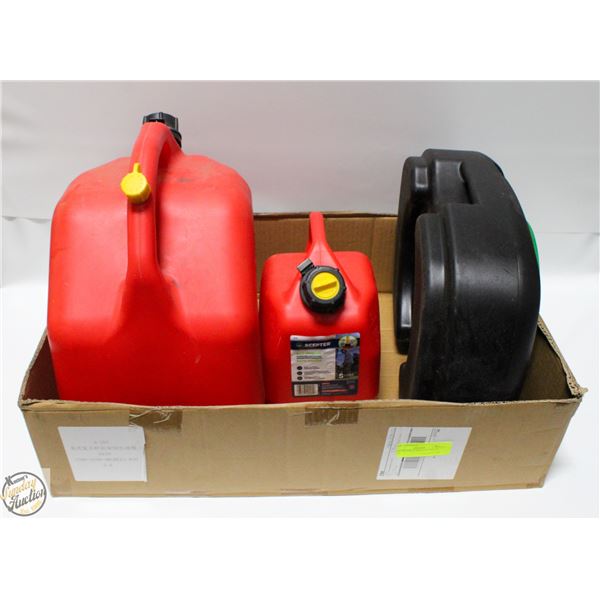 LOT OF FUEL CANS & OIL DRAIN PAN