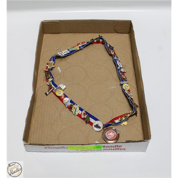 50 ENAMEL LAPEL PINS ON A LANYARD, MOSTLY ALBERTA