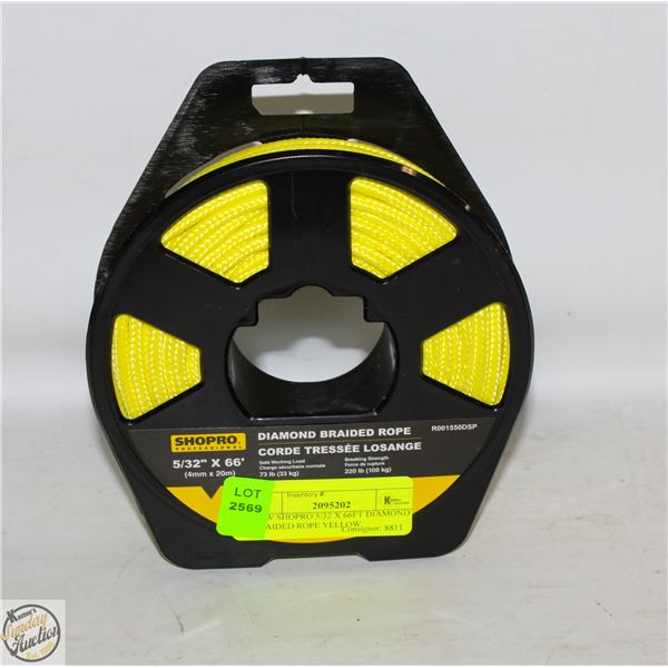 NEW SHOPRO 5/32 X 66FT DIAMOND BRAIDED ROPE YELLOW