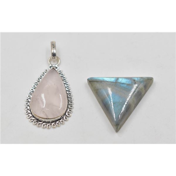 #246-NATURAL LABRADORITE STONE & ROSE QZ PENDANT