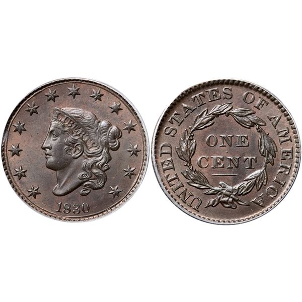 1830 N-1 R1, Large Letters, PCGS graded MS65 Brown, CAC Approved