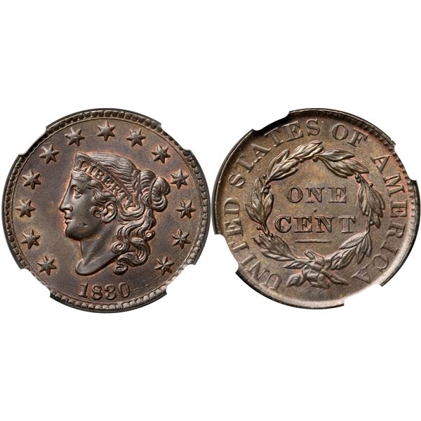 1830 N-3 R3 Large Letters, NGC graded MS64 Brown, CAC Approved