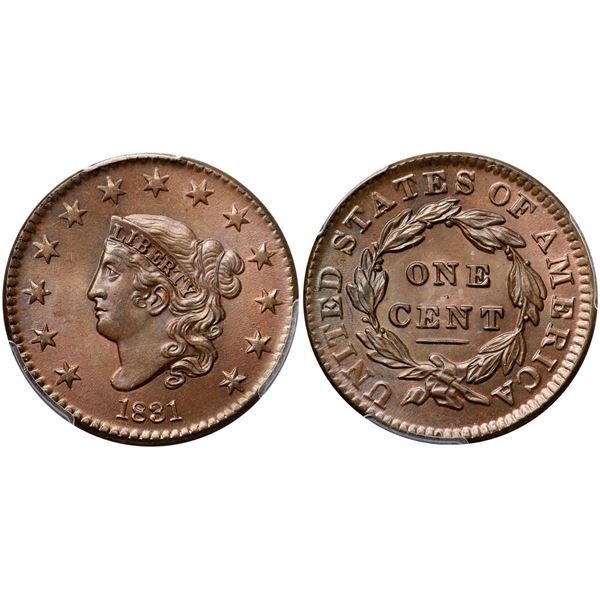 1831 N-3 R1 Medium Letters, PCGS graded MS64+ Brown, CAC Approved