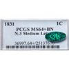 Image 4 : 1831 N-3 R1 Medium Letters, PCGS graded MS64+ Brown, CAC Approved