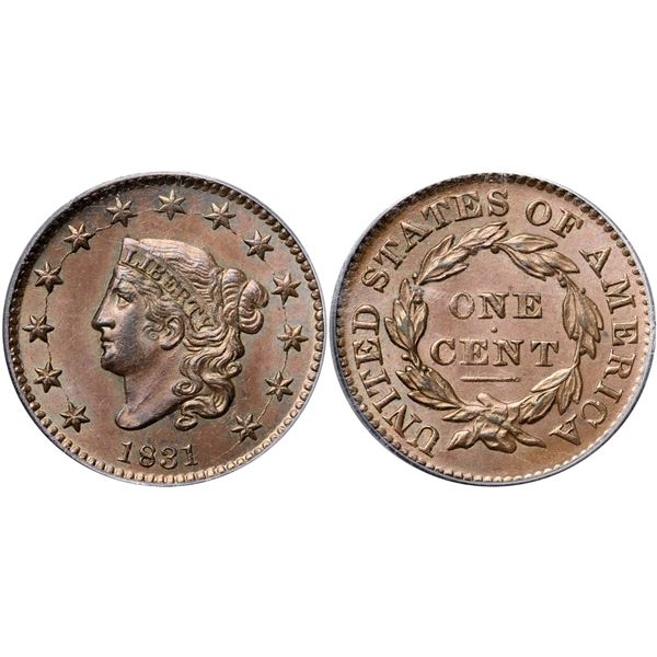 1831 N-12 R1 Large Letters, PCGS graded MS65 Brown, CAC Approved