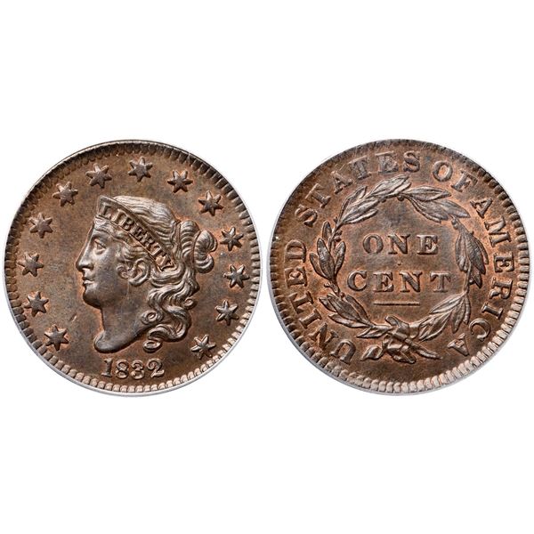 1832 N-1 R2 Medium Letters, PCGS graded MS64 Brown, CAC Approved