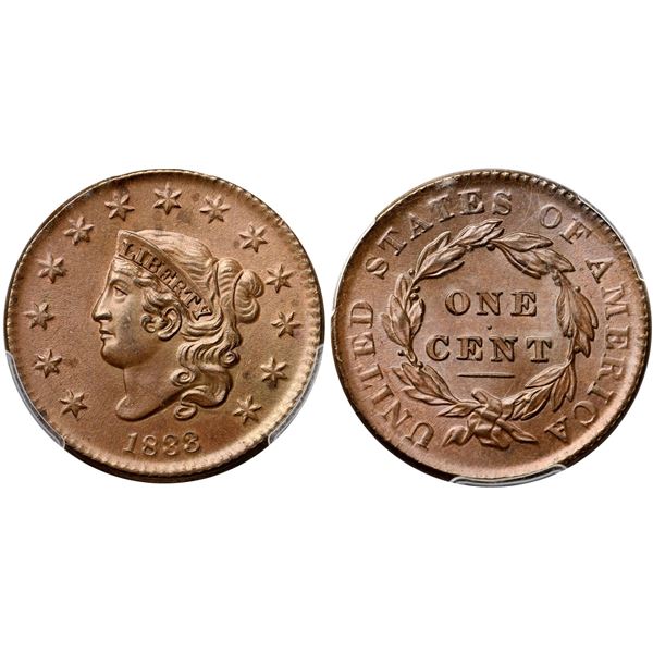 1833 N-3 R1 PCGS graded MS64 Brown, CAC Approved