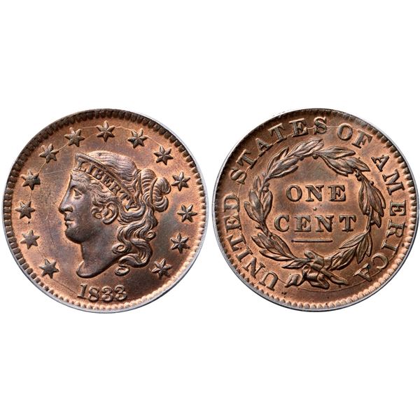 1833 N-5 R1 Repunched 8, PCGS graded MS65 Red & Brown