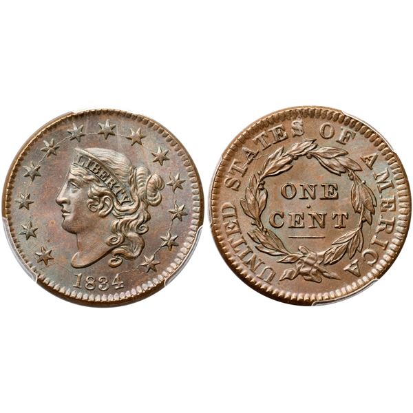 1834 N-2 R1 Small 8, Stars, Medium Letters, PCGS graded MS65 Brown, CAC Approved