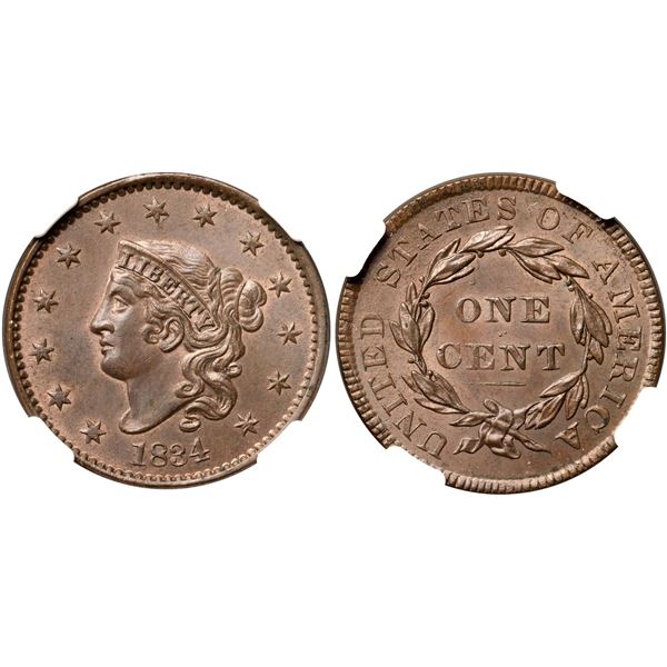 1834 N-4 R2 Large 8, Small Stars, Medium Letters, NGC graded MS65+ Brown, CAC Approved