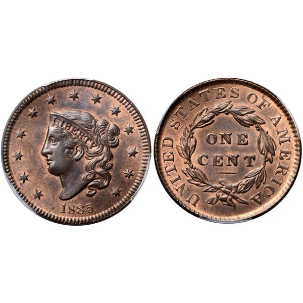 1835 N-5 R2 Head of 1834, Small 8 & Stars, PCGS graded MS64 Red & Brown