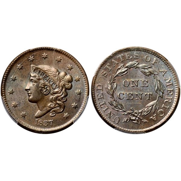 1837 N-1 R3 Plain Hair Cord, Medium Letters, PCGS graded MS63 Brown, CAC Approved