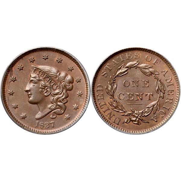 1837 N-2 R2 Plain Hair Cord, Medium Letters, PCGS graded MS64 Brown