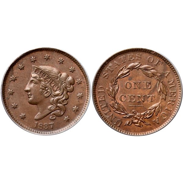 1837 N-2 R2 Plain Hair Cord, Medium Letters, PCGS graded MS64 Brown