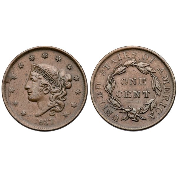 1837 N-2 R2 Plain Hair Cord, Medium Letters VF30