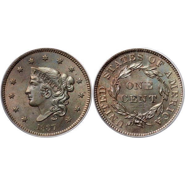1837 N-3 R3 Plain Hair Cord, Medium Letters, PCGS graded MS64 Brown