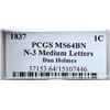 Image 4 : 1837 N-3 R3 Plain Hair Cord, Medium Letters, PCGS graded MS64 Brown