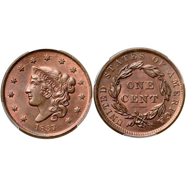 1837 N-5 R2 Plain Hair Cord, Small Letters, PCGS graded MS64 Red & Brown