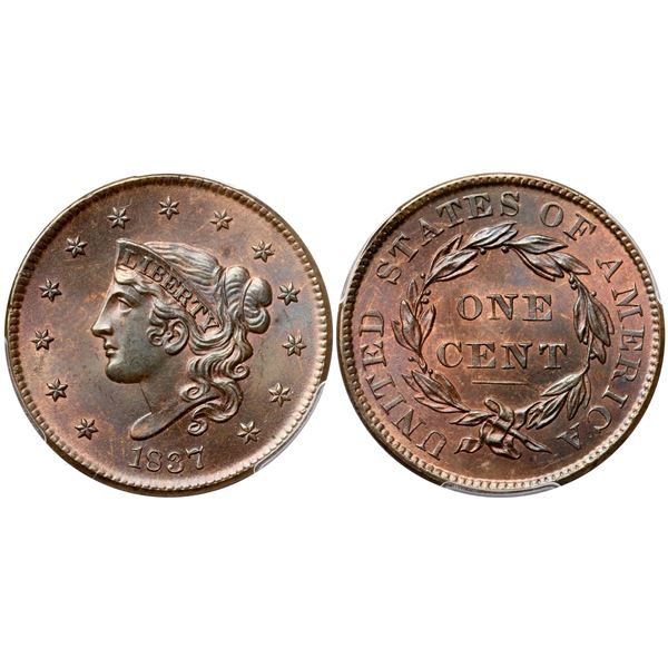 1837 N-6 R2 Plain Hair Cord, Medium Letters, PCGS graded MS66 Brown