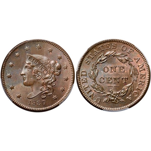 1837 N-8/7 R1 Plain Hair Cord, Medium Letters, PCGS graded MS66 Brown, CAC Approved