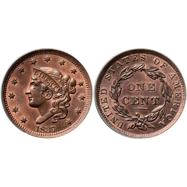 1837 N-10 R1 Beaded Hair Cord, PCGS graded MS64 Red & Brown