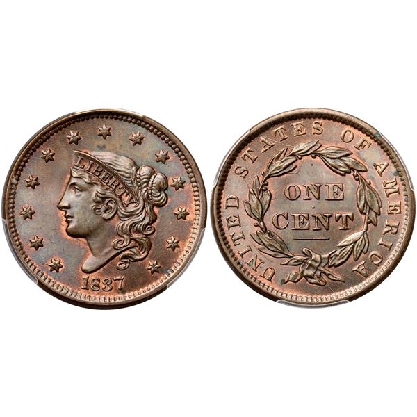 1837 N-11 R1 Beaded Hair Cord, PCGS graded MS65 Brown, CAC Approved