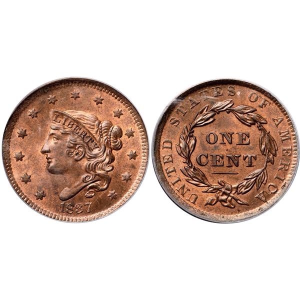 1837 N-12 R3 Beaded Hair Cord, PCGS graded MS65 Red & Brown