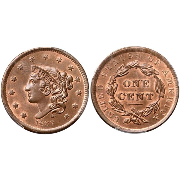 1837 N-12 R3 Beaded Hair Cord, PCGS graded MS64+ Red & Brown