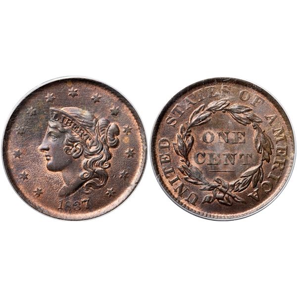1837 N-13 R2 Plain Hair Cord, Medium Letters, PCGS graded MS63 Brown