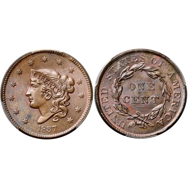 1837 N-14 R2 Plain Hair Cord, Medium Letters, PCGS graded MS65 Brown, CAC Approved
