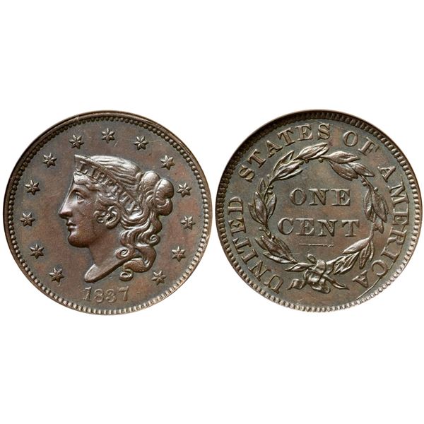 1837 N-15 R3 Plain Hair Cord, Medium Letters, NGC graded MS63 Brown