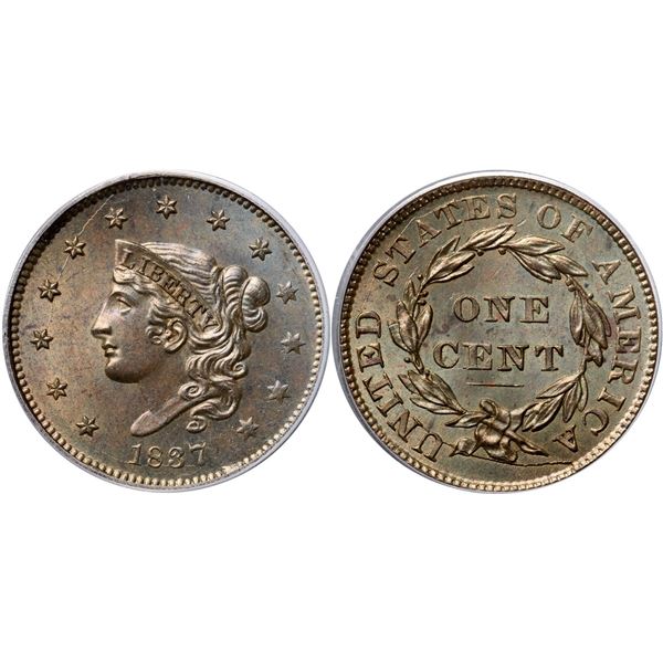 1837 N-17 R4 Plain Hair Cord, Medium Letters, PCGS graded MS65 Brown