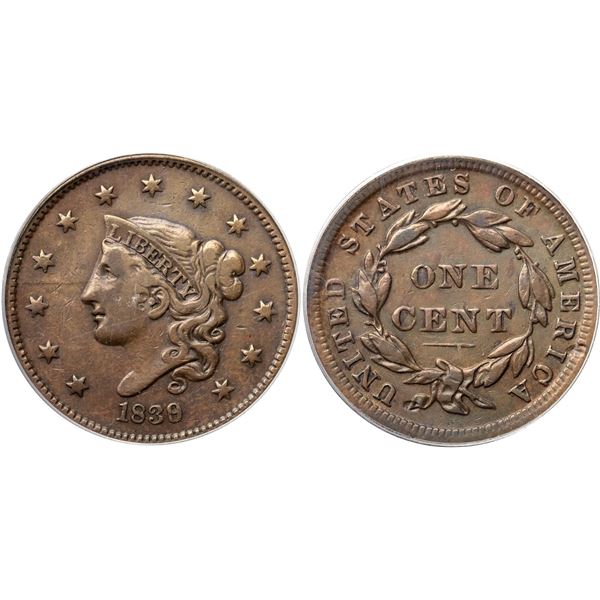 1839/6 N-1 R3+ Overdate 9 over 6, PCGS graded VF30, CAC Approved