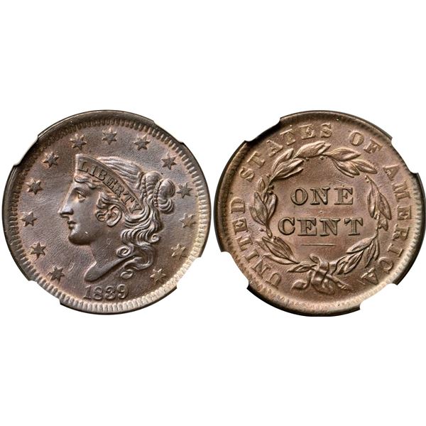 1839 N-3 R1 Head of 1838, NGC graded MS64+ Brown, CAC Approved