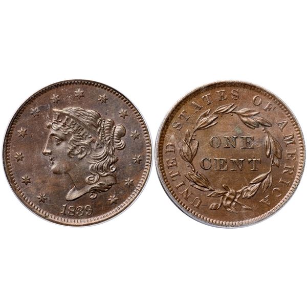 1839 N-6 R2 Booby Head, PCGS graded MS66 Brown, CAC Approved
