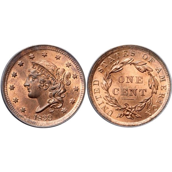 1839 N-9 R2 Silly Head, PCGS graded MS65 Red & Brown, CAC Approved
