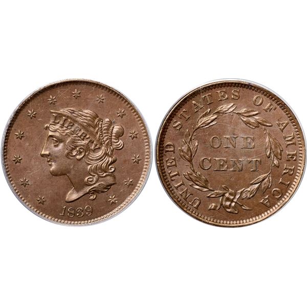 1839 N-12 R4+ Booby Head, PCGS graded MS64 Brown