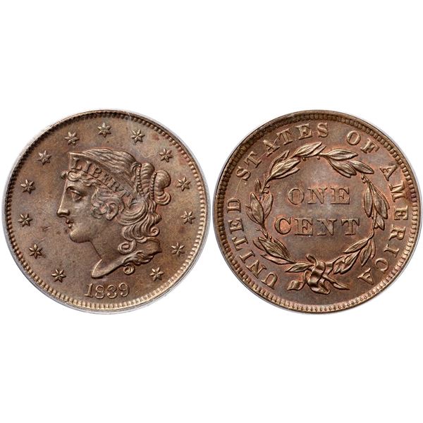 1839 N-13 R2 Booby Head, PCGS graded MS64 Brown