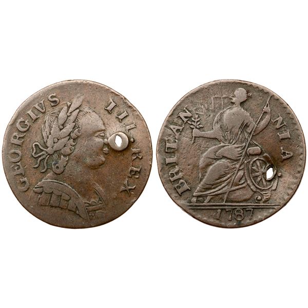 1787 Vlack 21-II-87D R-4 Machin's Mills Halfpenny VF25 but Holed