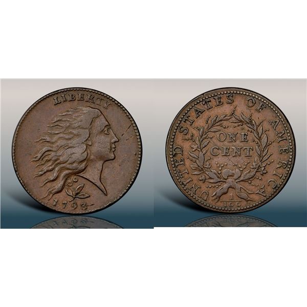 1793 S-6 R3 Wreath Cent with Vine & Bars Edge, PCGS graded AU50